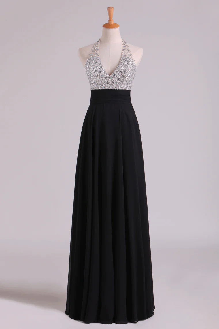 Party Dresses Halter Beaded Bust Pleated Waistband Chiffon Floor Length